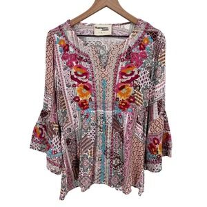 Savanna Jane Boho Floral Embroidered Patchwork Bell Sleeve Blouse Top Pink Large
